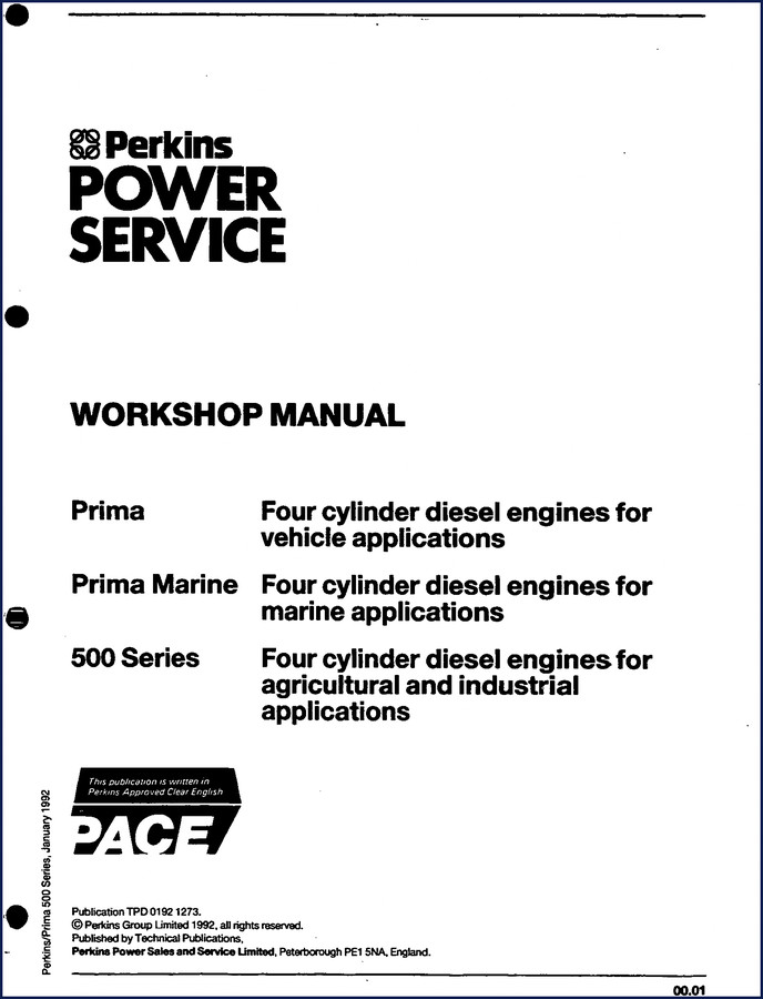 Perkins Prima 500 Series 1992 Workshop Manual front cover showing engine cutaway and model range