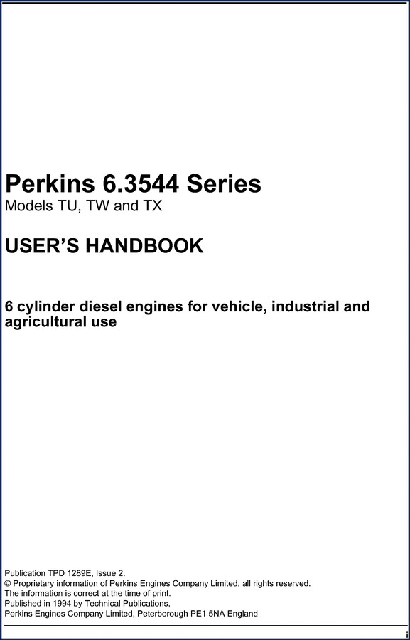 1994 Perkins TU TW TX User Manual cover page with engine views and data