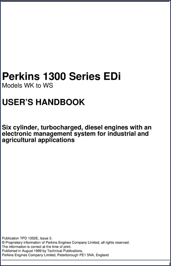 Perkins 1300 Series EDi User Manual 1999 Models WK to WS cover page
