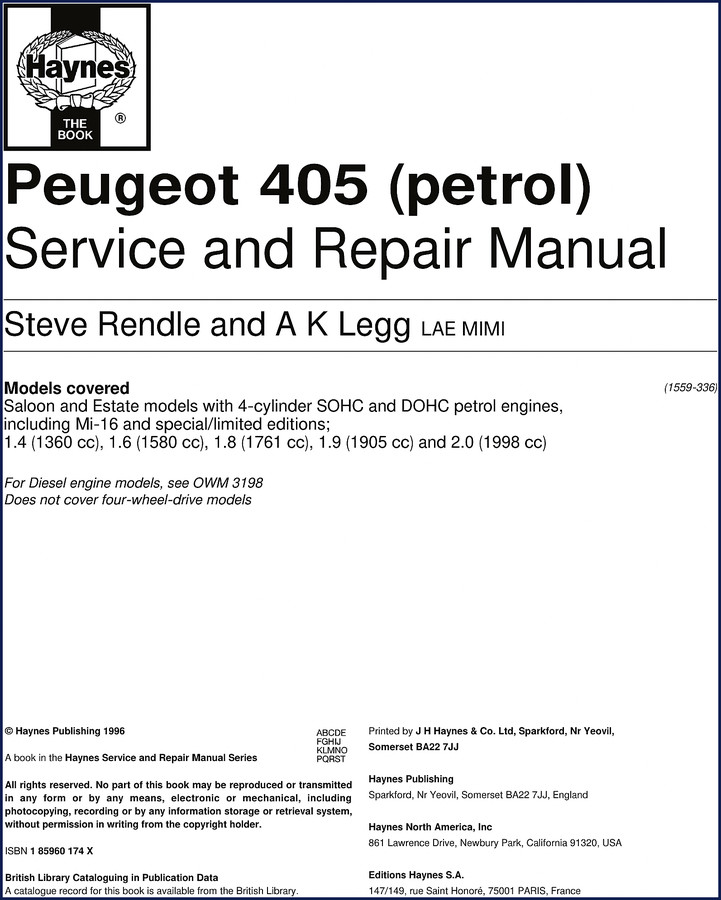 Peugeot 405 1996 Service Manual cover - Haynes repair book for petrol models