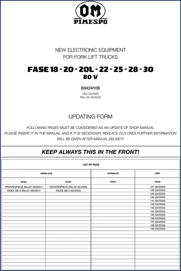 OM Pimespo FASE 18-25 2003 technical manual cover showing electronic equipment for forklift trucks