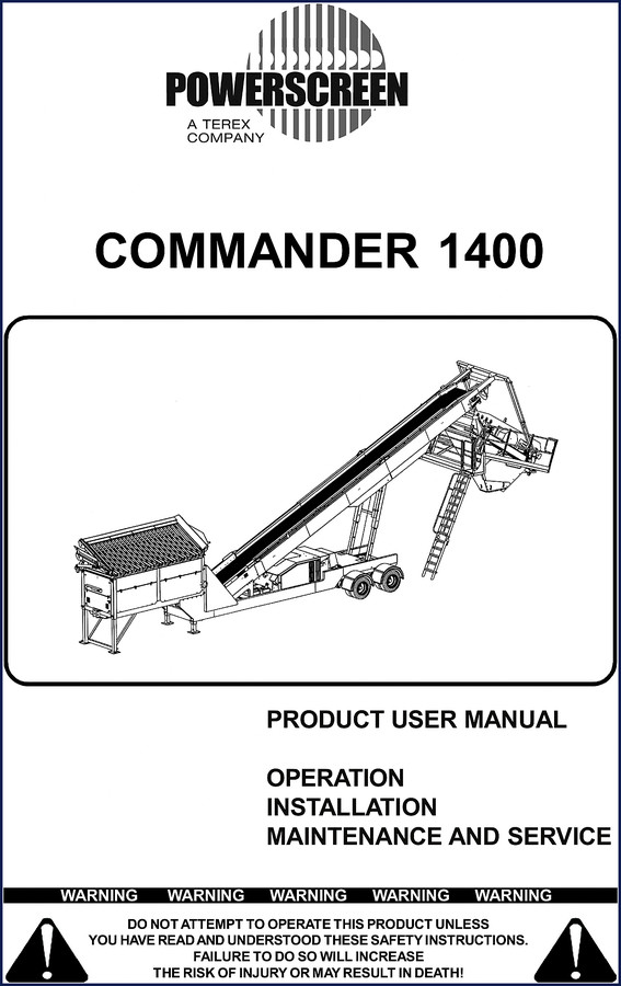 Powerscreen COMMANDER 1400 User Manual cover showing product name and safety warning