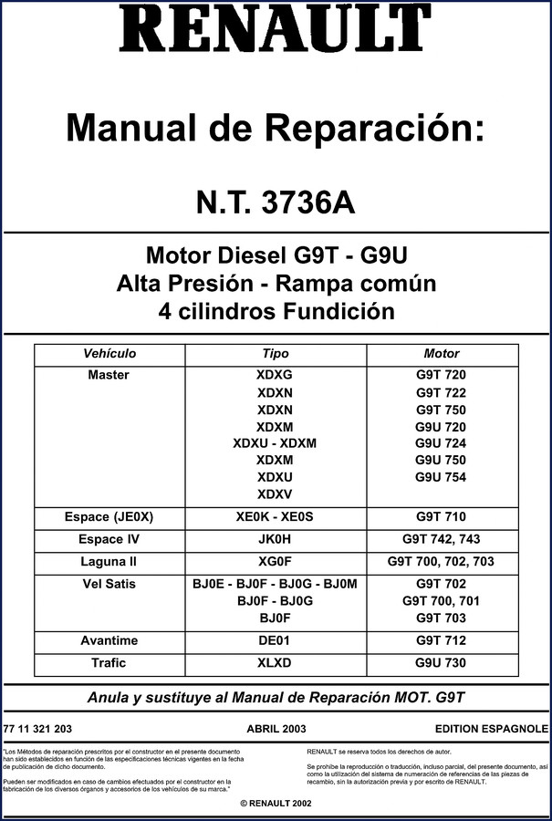 2003 Renault Master G9T G9U diesel engine factory repair manual cover