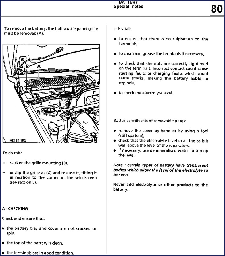 Renault Megane Scenic 1996-2002 Technical Manual cover showing battery and headlight removal diagrams