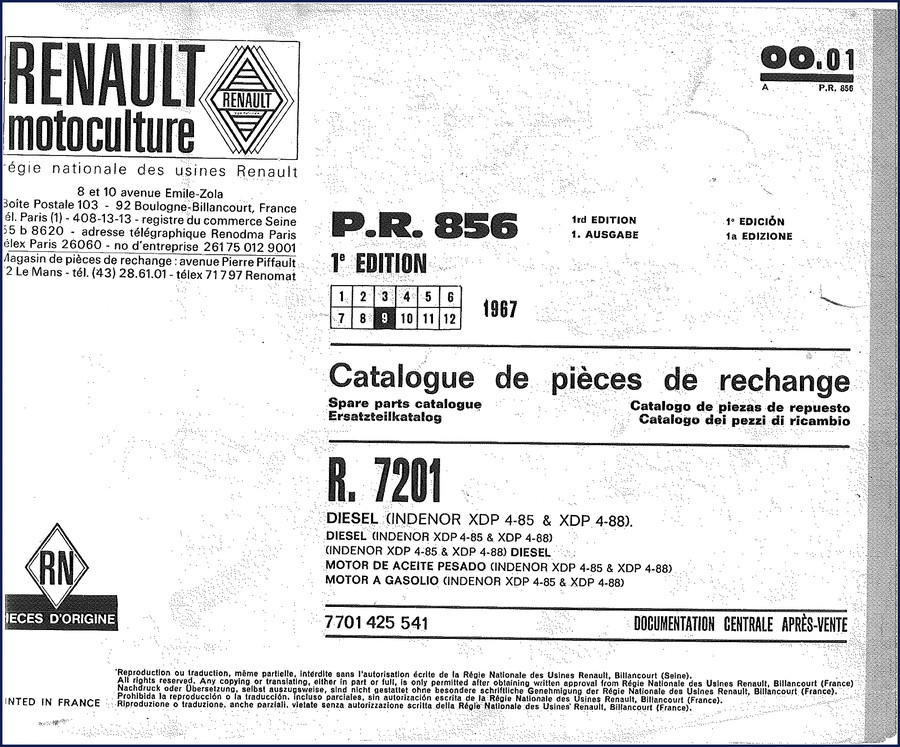 Renault Trucks R 7201 1967 Parts Catalog cover - OEM factory spare parts catalog for diesel trucks