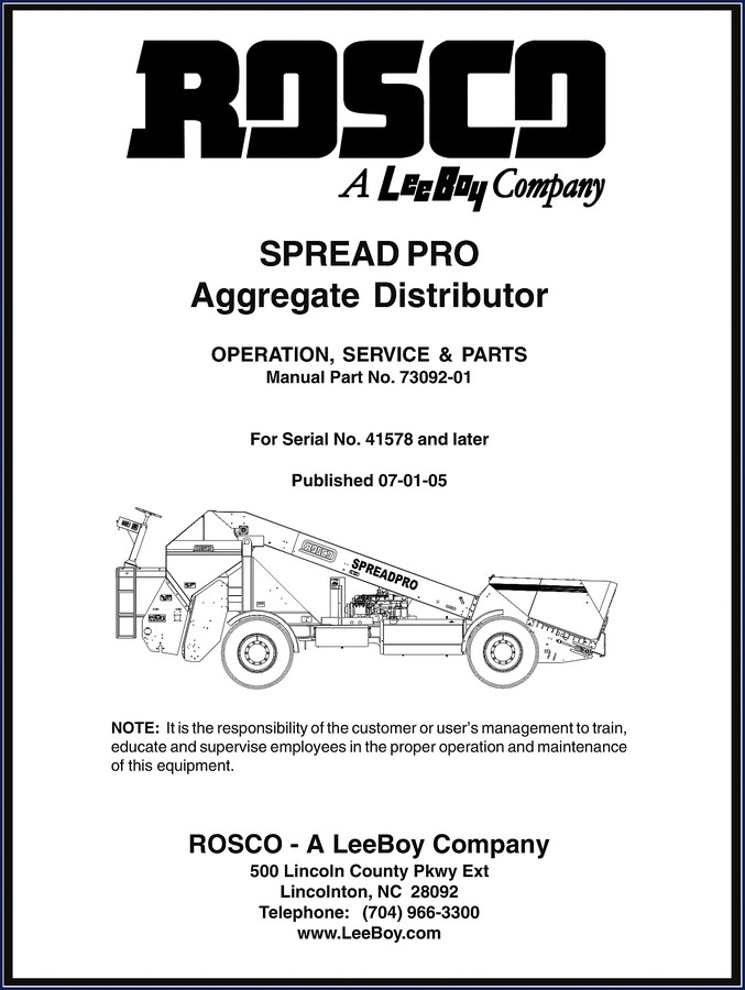 Rosco SpreadPro 2005 Service Manual cover – operation service parts manual