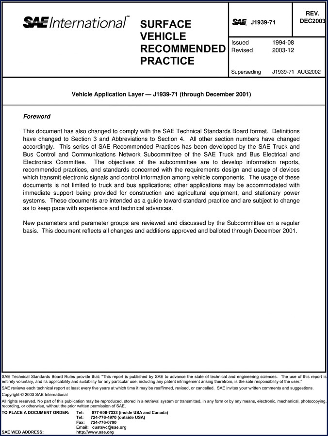 SAE J1939-71 2003 Technical Manual cover – 379-page OEM recommended practice for vehicle application layer