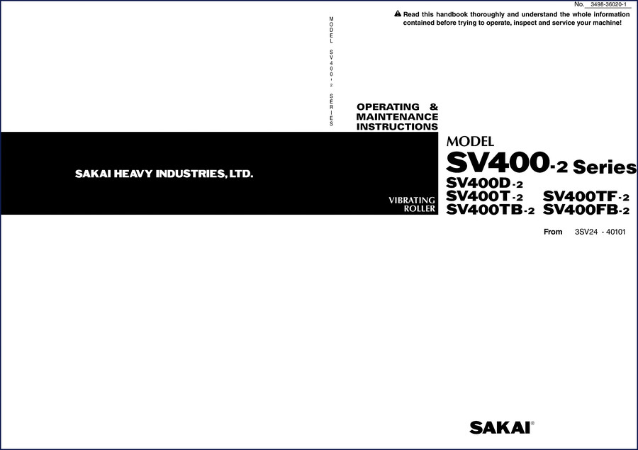 Sakai SV400D-2 SV400T-2 SV400TF-2 Parts Catalog cover - OEM factory parts manual for vibrating roller - PDF 108 pages