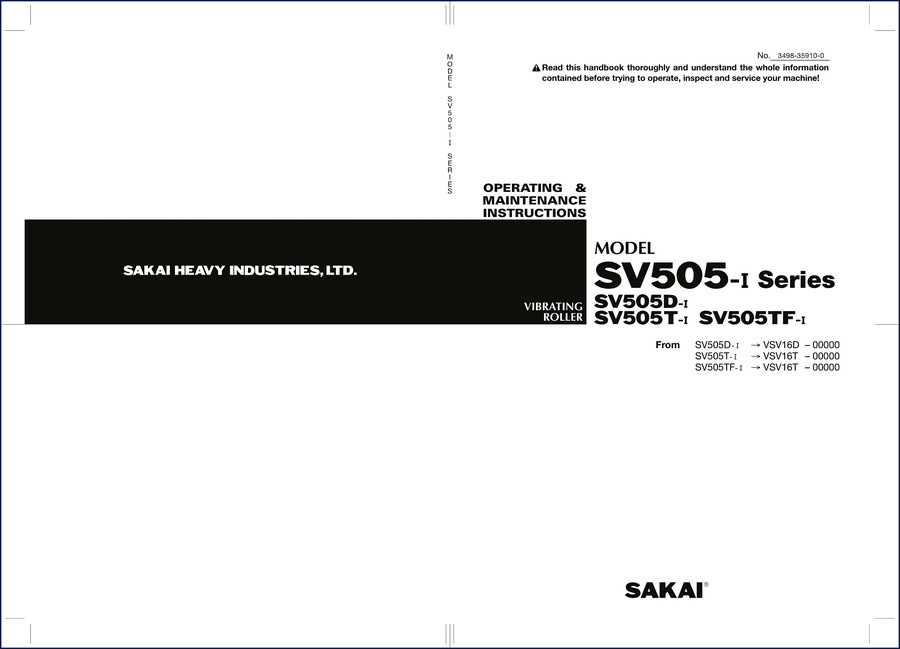 Sakai SV505 I-Series vibrating roller operators manual cover showing models SV505D-I, SV505T-I, SV505TF-I