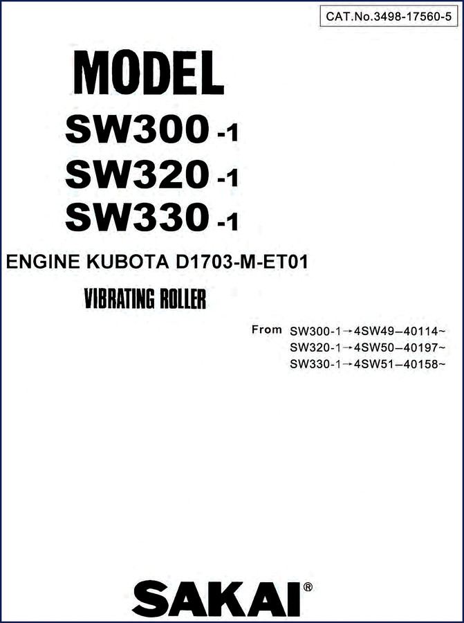 Sakai SW300-1 SW320-1 SW330-1 2012 Parts Catalog cover page showing model and engine