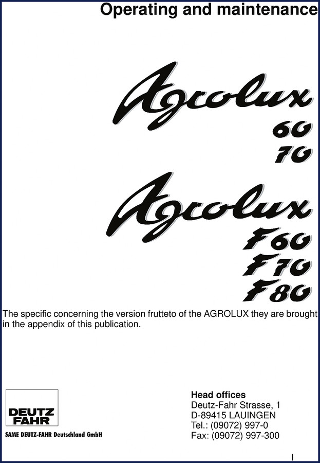 SAME Deutz-fahr AGROLUX Operators Manual cover - 212-page factory document