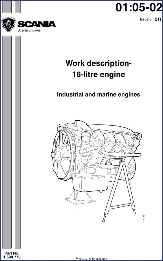 Scania 16-litre 2002 Workshop Manual cover – industrial and marine engine work description