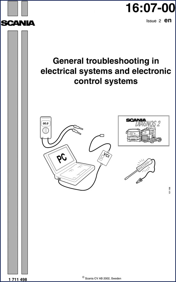Scania 16:07-00 2002 Troubleshooting Manual cover page showing electrical system diagnostics
