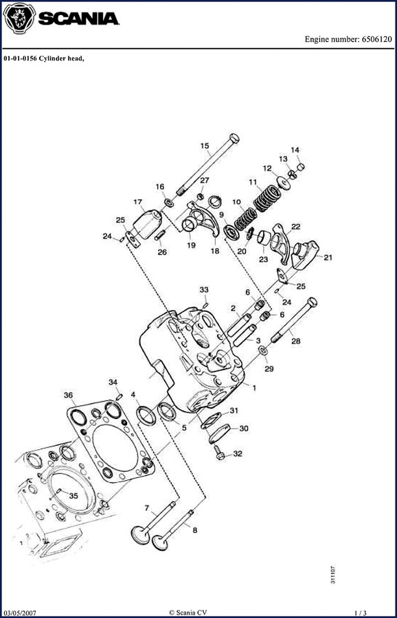 Scania 6506120 2007 Parts Catalog cylinder head exploded view on page 1
