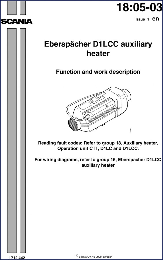 Scania D1LC 1996 Installation Manual cover showing heater retrofitting instructions