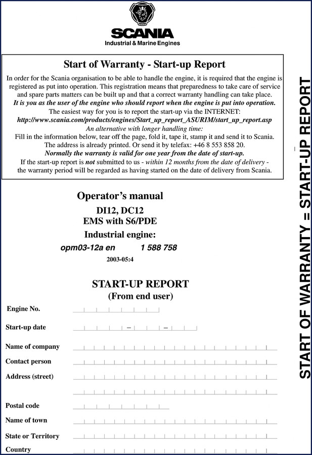 2003 Scania DI12 DC12 Operators Manual cover - OEM factory document for industrial engine troubleshooting