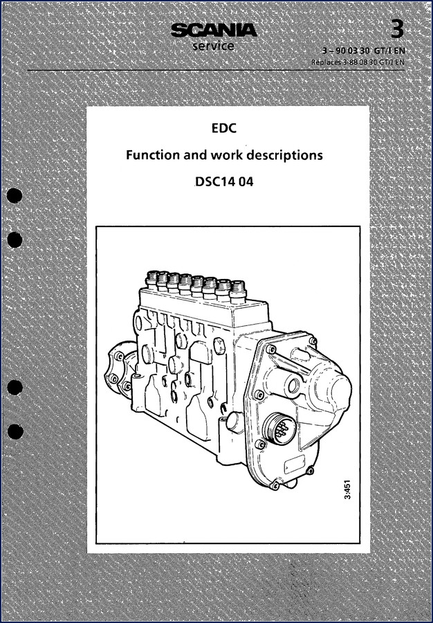 Scania DSC14 04 Technical Manual cover showing EDC function and work descriptions for trucks manufactured by Scania