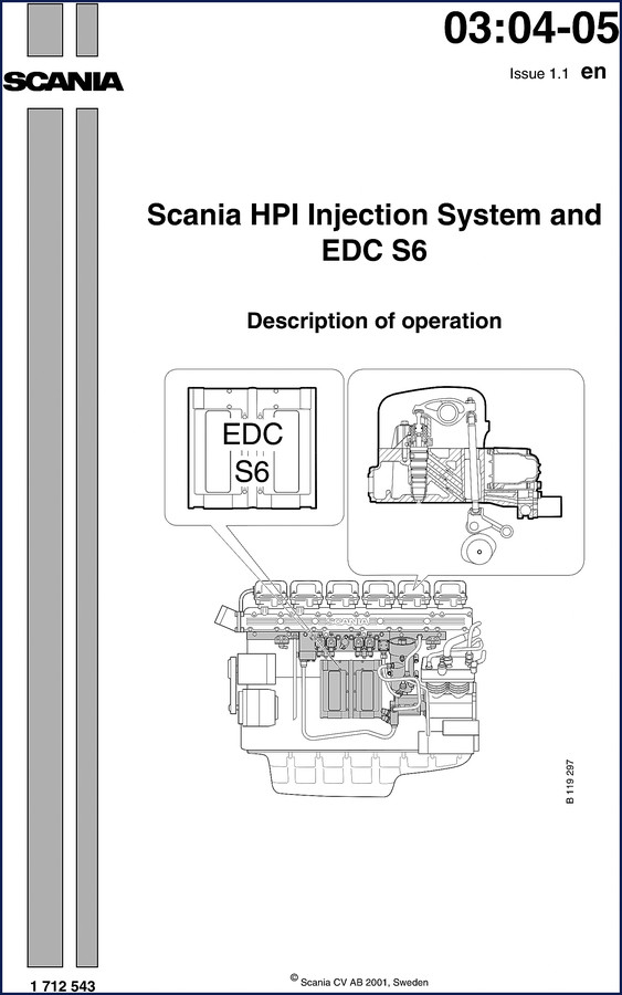 Scania HPI EDC S6 2001 Technical Manual cover showing injection system and engine components