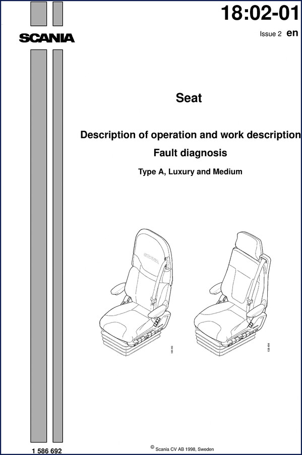 Scania Type A 1998 factory workshop manual covering seat repair, fault diagnosis, and electrical schematics