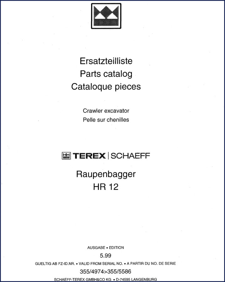 Schaeff HR 12 1999 Parts Catalog cover – factory OEM manual for crawler excavator