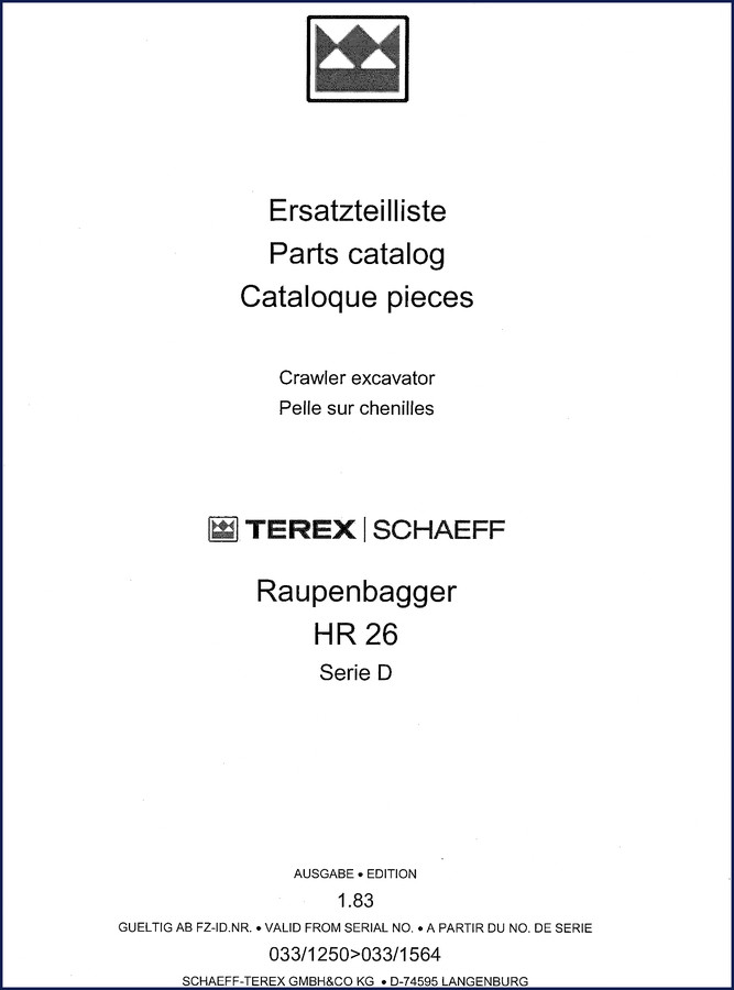 1983 Schaeff HR 26 Parts Catalog cover - OEM factory parts breakdown