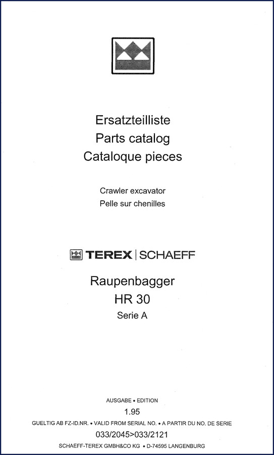 Schaeff HR 30 1995 Parts Catalog cover – OEM factory document for crawler excavator