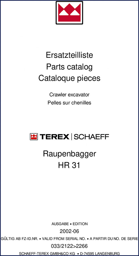 Schaeff HR 31 2002 Parts Catalog cover showing crawler excavator and official Schaeff logo