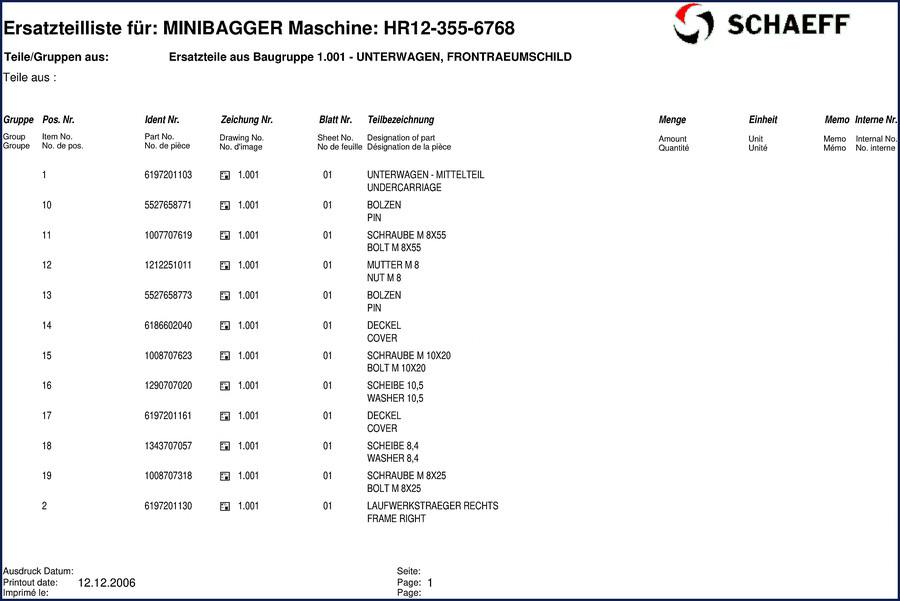 Schaeff HR12 2006 Parts Catalog – Factory OEM part numbers for undercarriage and hydraulic systems