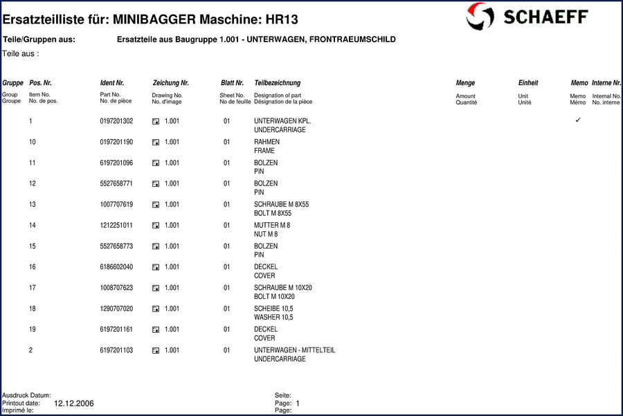 Schaeff HR13 2006 Parts Catalog cover page showing minibagger