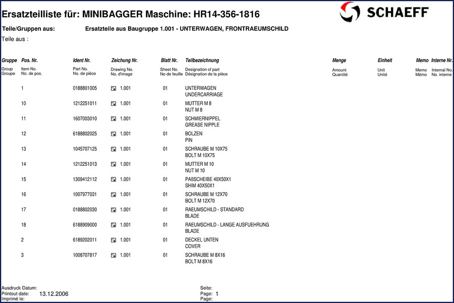 Schaeff HR14 2006 Parts Catalog cover page showing minibagger undercarriage diagram