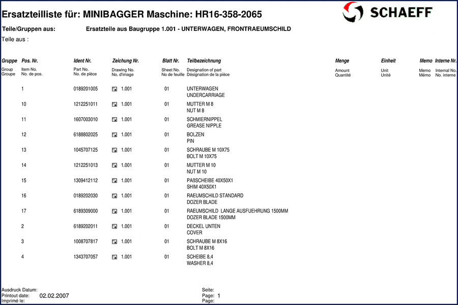 2007 Schaeff HR16 Parts Catalog cover - factory OEM parts diagram