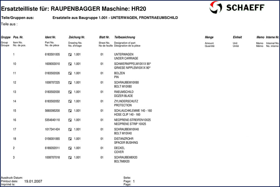 Schaeff HR20 Parts Catalog – OEM factory parts list for crawler excavator, 240 pages