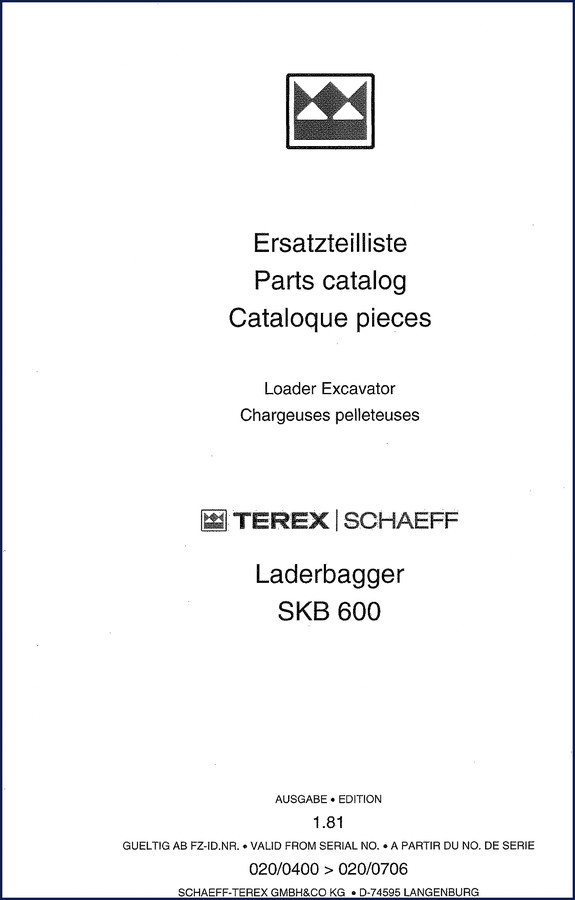 Schaeff SKB 600 1981 Parts Catalog cover - factory OEM parts listings for loader excavator