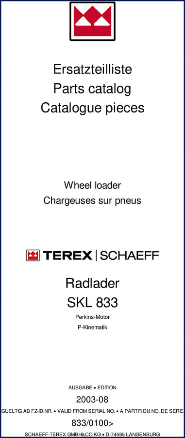 Schaeff SKL 833 2003 Parts Catalog cover – factory OEM document for wheel loader spare parts