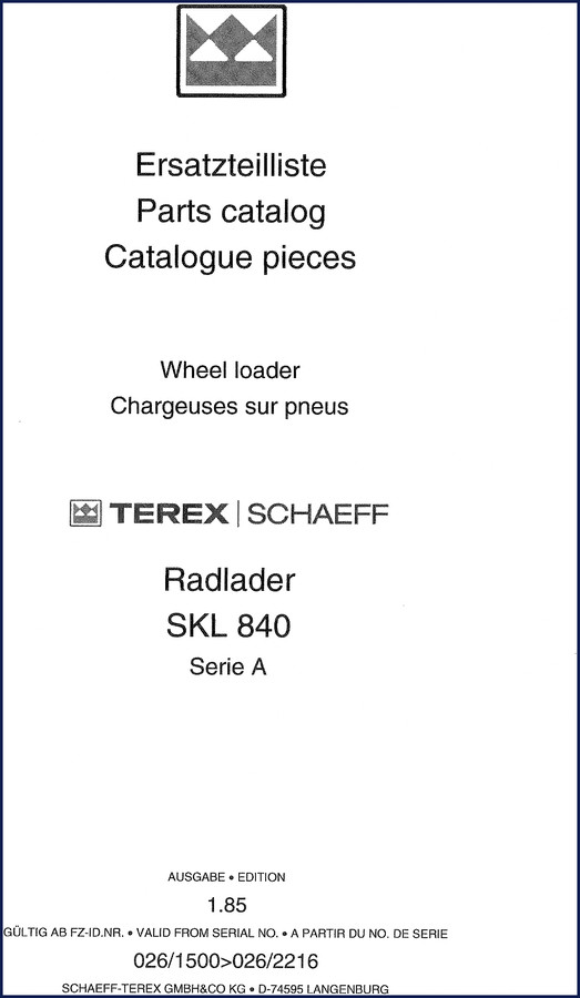 Schaeff SKL 840 1985 Parts Catalog cover showing wheel loader exploded view with Deutz engine components