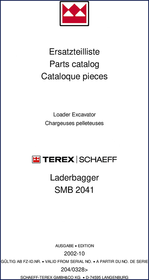 Schaeff SMB 2041 2002 Parts Catalog cover - factory OEM document for loader excavator