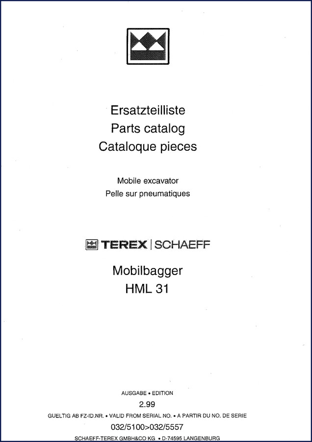 Schaeff-terex HML 31 1999 Parts Catalog cover page showing mobile excavator