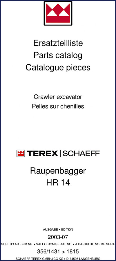 Schaeff-terex HR 14 2003 Parts Catalog cover showing crawler excavator