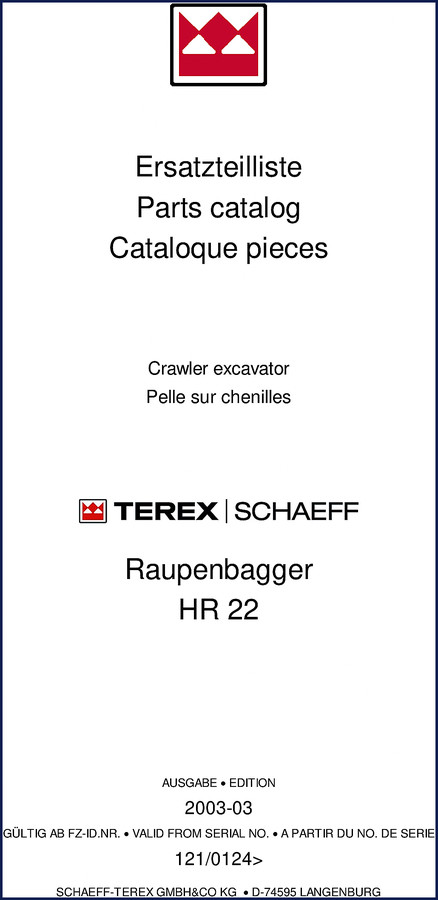 Schaeff-terex HR 22 2003 Parts Catalog cover – OEM factory parts manual for crawler excavator
