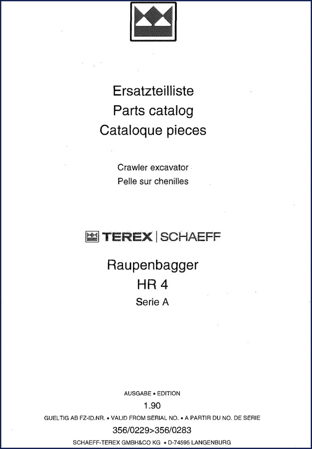 Schaeff-terex HR 4 1990 Parts Catalog – OEM factory manual cover showing crawler excavator