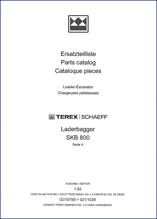 Schaeff-terex SKB 800 1982 Parts Catalog front cover showing loader-excavator