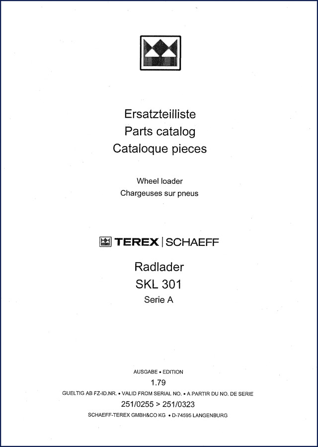 Schaeff-terex SKL 301 Parts Catalog cover – 140-page factory OEM parts manual with exploded diagrams