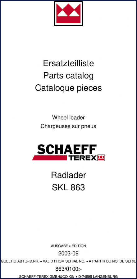 Schaeff-terex SKL 863 2003 Parts Catalog cover page showing wheel loader and title