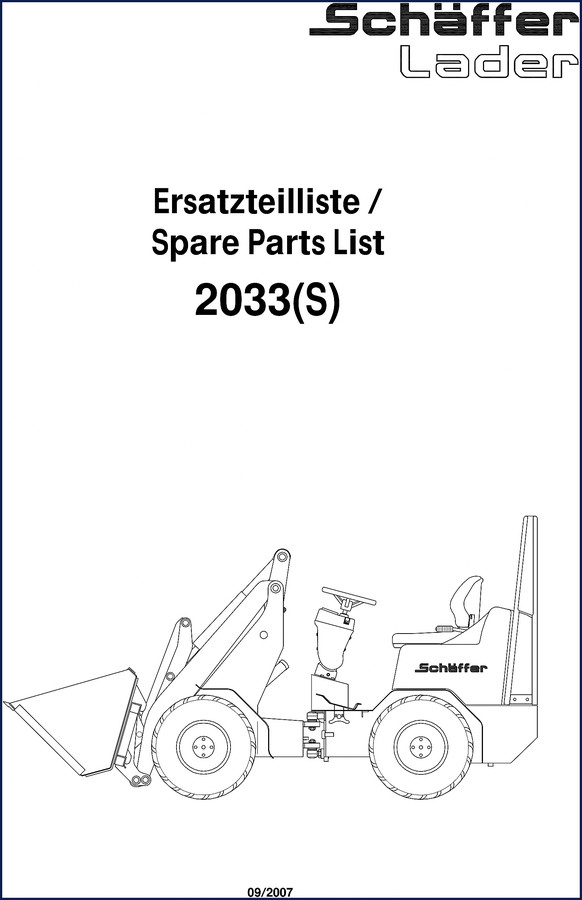 Schäffer 2033(S) 2007 Parts Catalog – OEM factory spare parts list cover showing loader model and manual title