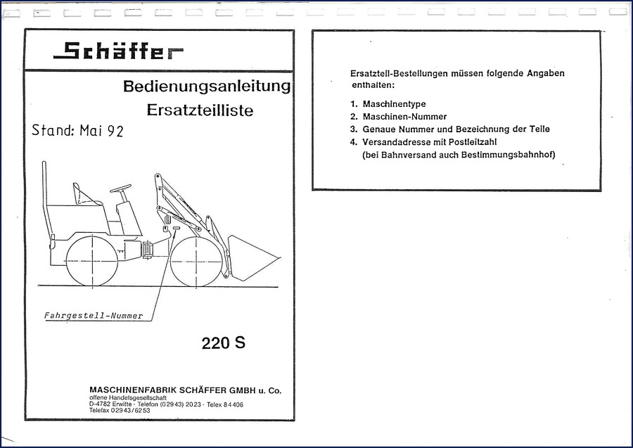 Schäffer 220 S 1992 Parts Catalog – OEM factory spare parts list and exploded diagram page