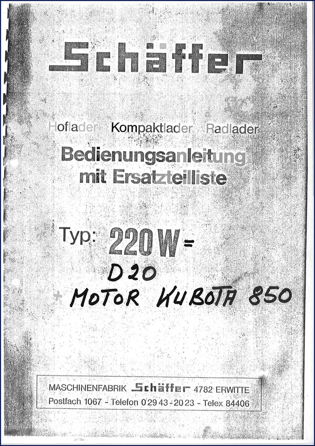 Schäffer 220W D20 Operators Manual cover page showing wheel loader diagram