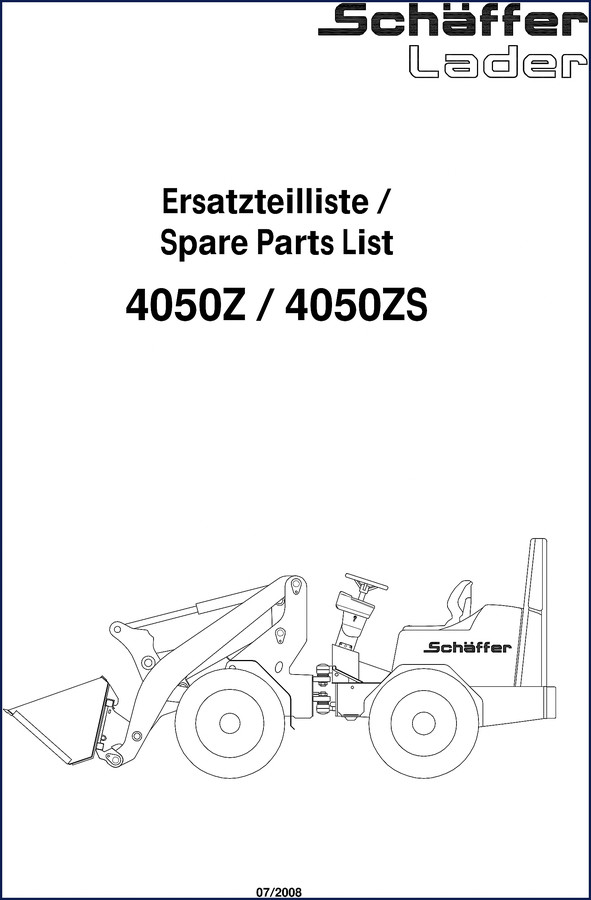 Schäffer 4050Z 2008 Parts Catalog cover showing loader model and 'Ersatzteilliste / Spare Parts List'