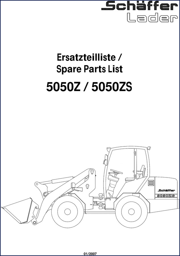 Schäffer 5050Z 5050ZS 2007 OEM Parts Catalog cover page showing loader and spare parts list title