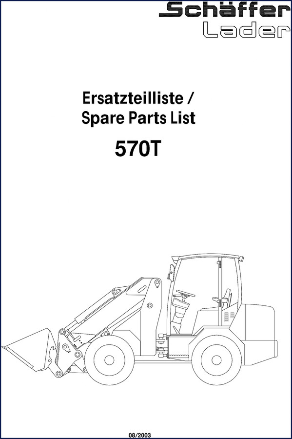 Schäffer 570T 2003 Parts Catalog cover page showing loader and spare parts list title