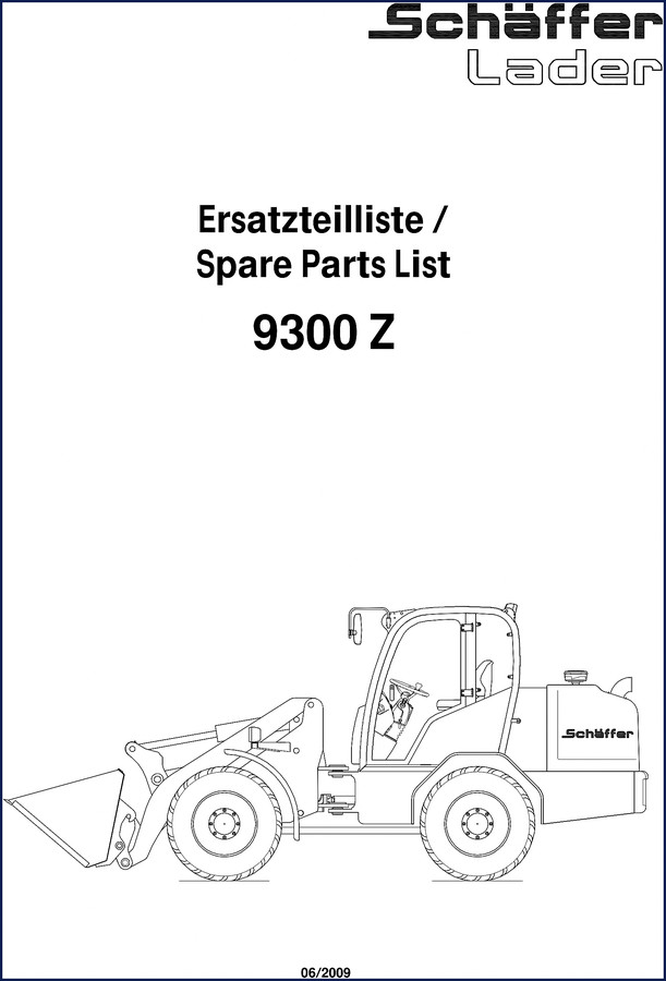 Schäffer 9300 Z 2009 Parts Catalog cover showing loader and factory spare parts list